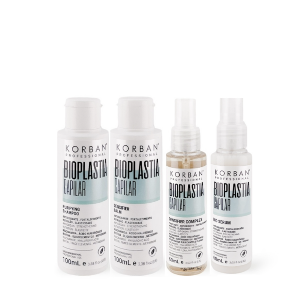 © 2023 moneli.lt | MONELÍ | KORBAN Bioplastia Capilar rinkinys 2 x 100 ml + 2 x 60 ml - Purifying Shampoo, Densifier Complex, Densifier Balm, Bio Serum