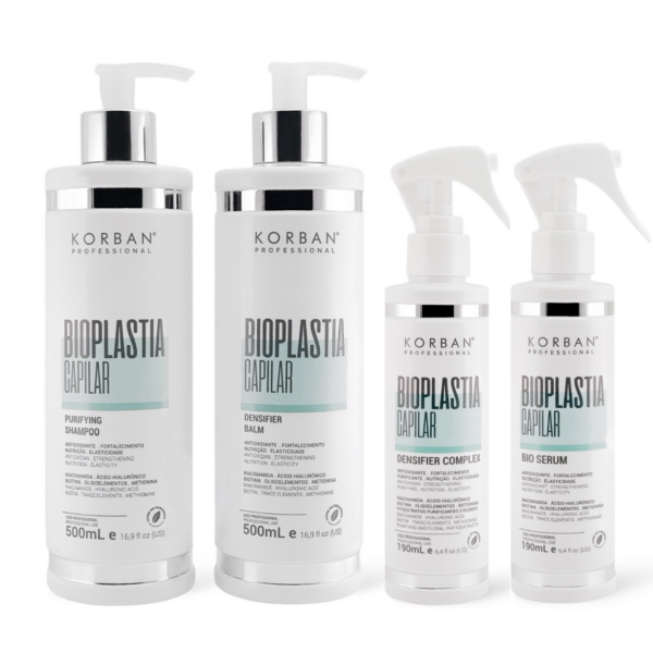 © 2023 moneli.lt | MONELÍ | KORBAN Bioplastia Capilar rinkinys 2 x 100 ml, 2 x 60 ml / 2 x 500 ml, 2 x 190 ml - Purifying Shampoo, Densifier Complex, Densifier Balm, Bio Serum