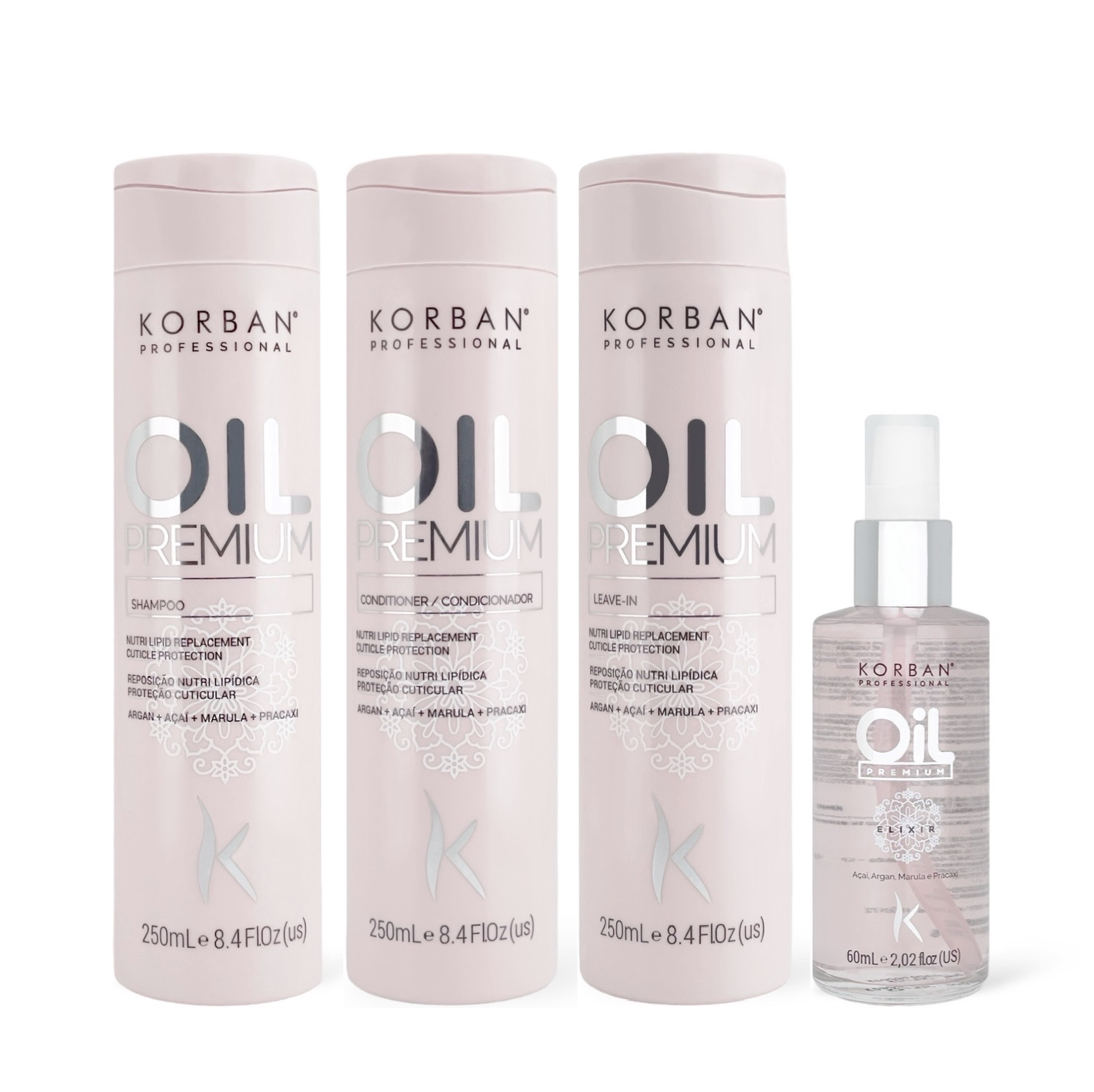 © 2023 moneli.lt | MONELÍ | KORBAN Oil Premium rinkinys 3 x 250 ml, 60 ml - Shampoo, Conditioner, Leave-in, Elixir