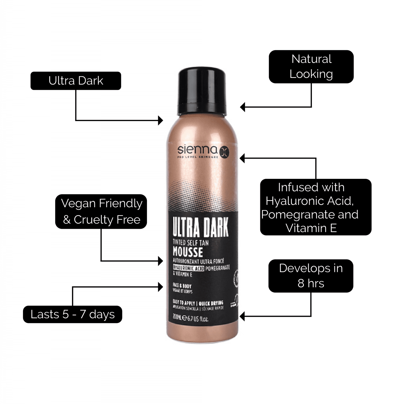 Sienna X Ultra Dark Tinted Self Tan Mousse itin tamsios savaiminio įdegio putos su hialurono rūgštimi 200 ml.