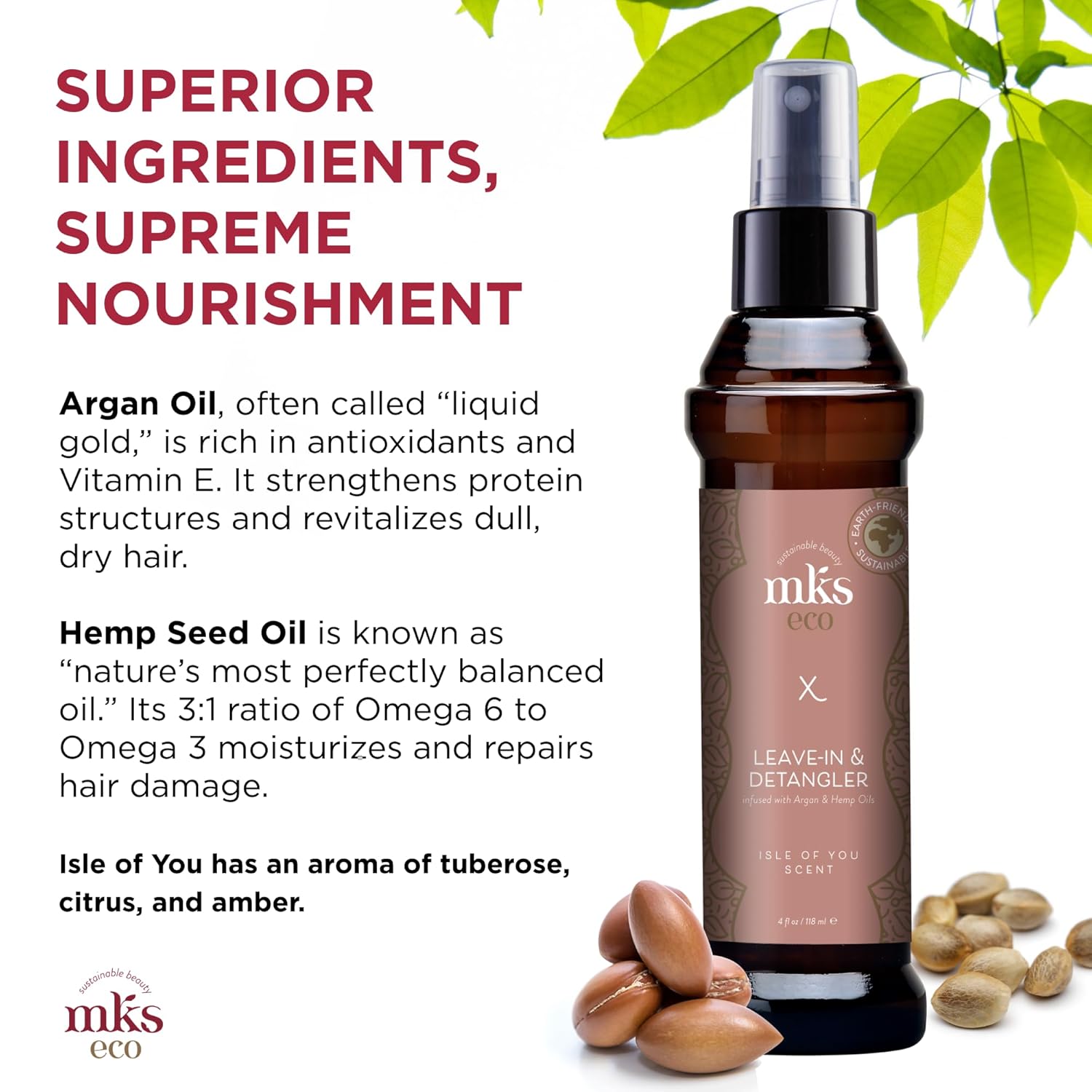 MKS eco nenuplaunamas kondicionierius su argano ir kanapių sėklų aliejumi X Leave-in Detangler Isle Of You 296ml - Image 4