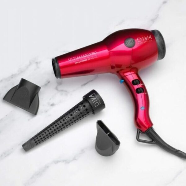 DIVA Pro Styling Ultima 5000 Pro Red - plaukų džiovintuvas su ilgaamžiu AC varikliu, dviguba jonų kondicionavimo sistema 70 000 000 jonų / cm³, 2300 W