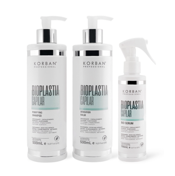 © 2023 moneli.lt | MONELÍ | KORBAN Bioplastia Capilar rinkinys 2 x 500 ml + 190 ml - Purifying Shampoo, Densifier Balm, Bio serum