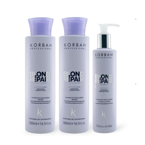 © 2023 moneli.lt | MONELÍ | KORBAN Blond Repair rinkinys šviesiems plaukams 2 x 500 ml + 250 ml - Violet Shampoo, Restorer, Hair Leave-in