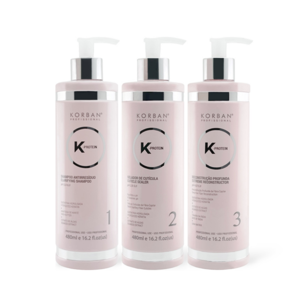 © 2023 moneli.lt | MONELÍ | KORBAN K-Protein rinkinys plaukų atstatymui 3 x 480 ml - Clarifying Shampoo, Cuticle Sealer, Extreme Reconstructor
