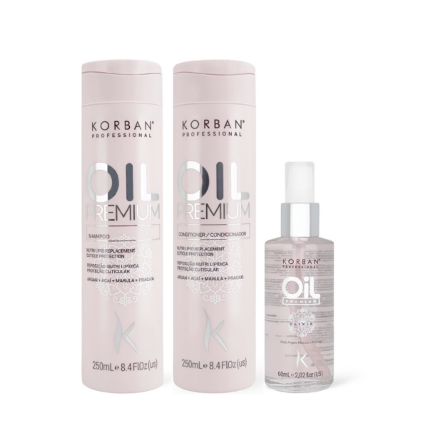 © 2023 moneli.lt | MONELÍ | KORBAN Oil Premium rinkinys 2 x 250 ml, 60 ml - Shampoo, Conditioner, Elixir