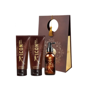 ICON India Trio Box - šampūno, kondicionieriaus ir sauso aliejaus rinkinys supakuotas dovanai 250 ml x 2, 112 ml