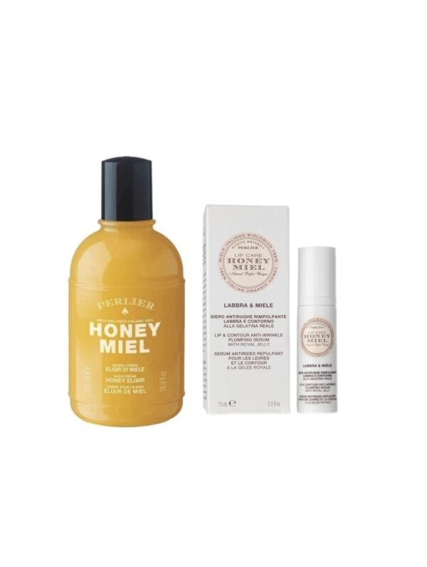 Perlier Honey Miel Rinkinys Bath cream dušo ir vonios kremas ir Perlier Honey Miele lūpų ir kontūrų nuo raukšlių putlinamasis serumas