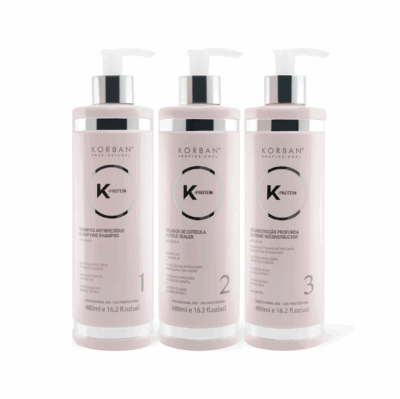 KORBAN K-Protein rinkinys plaukų atstatymui 3 x 480 ml - Clarifying Shampoo (Nr. 1), Cuticle Sealer (Nr. 2), Extreme Reconstructor (Nr. 3)