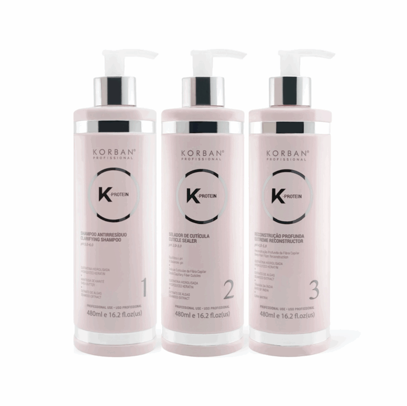 KORBAN K-Protein rinkinys plaukų atstatymui 3 x 480 ml - Clarifying Shampoo (Nr. 1), Cuticle Sealer (Nr. 2), Extreme Reconstructor (Nr. 3)