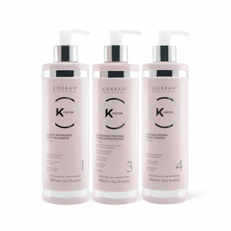 KORBAN K-Protein rinkinys plaukų atstatymui ir drėkinimui 3 x 480 ml - Clarifying Shampoo (Nr. 1), Extreme Reconstructor (Nr. 3), Intense Hydrator (Nr. 4)