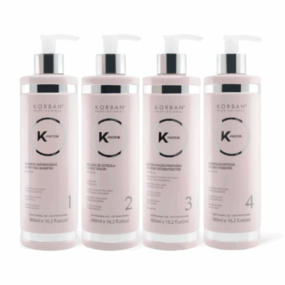 KORBAN K-Protein rinkinys plaukų atstatymui ir drėkinimui 4 x 480 ml - Clarifying Shampoo (Nr. 1), Cuticle Sealer (Nr. 2), Extreme Reconstructor (Nr. 3), Intense Hydrator (Nr. 4)