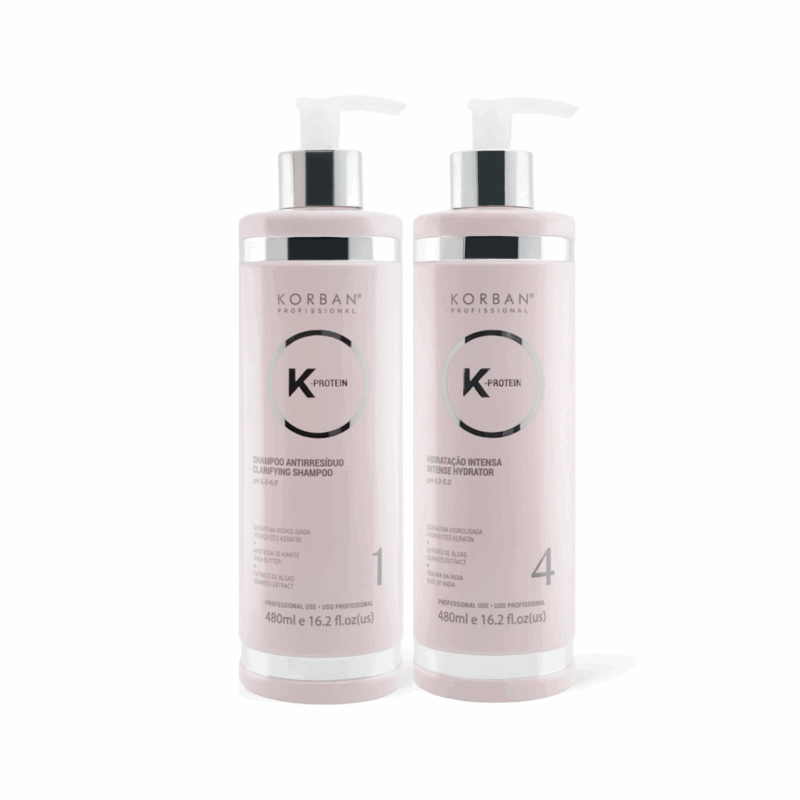 KORBAN K-Protein rinkinys plaukų drėkinimui 2 x 480 ml - Clarifying Shampoo (Nr. 1), Intense Hydrator (Nr. 4)