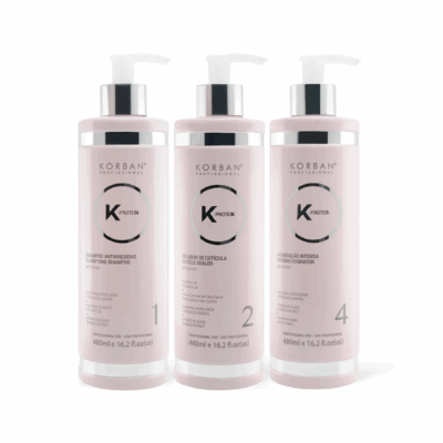 KORBAN K-Protein rinkinys plaukų drėkinimui 3 x 480 ml - Clarifying Shampoo (Nr. 1), Cuticle Sealer (Nr. 2), Intense Hydrator (Nr. 4)