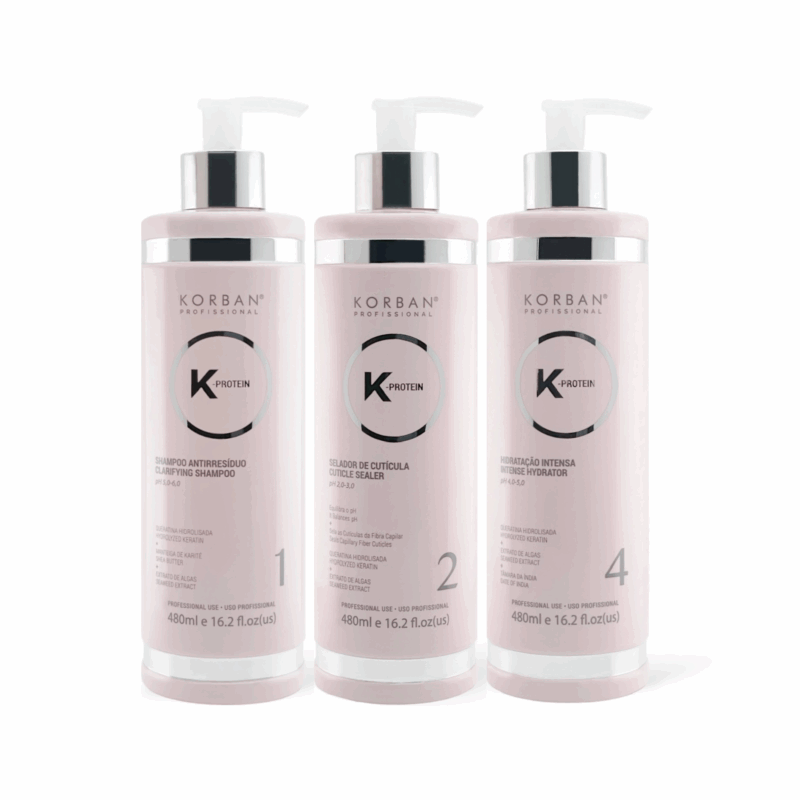 KORBAN K-Protein rinkinys plaukų drėkinimui 3 x 480 ml - Clarifying Shampoo (Nr. 1), Cuticle Sealer (Nr. 2), Intense Hydrator (Nr. 4)