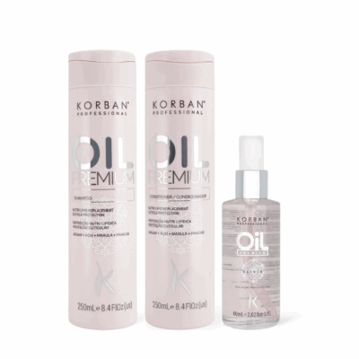 KORBAN Oil Premium rinkinys: šampūnas, kondicionierius, serumas 2 x 250 ml, 60 ml
